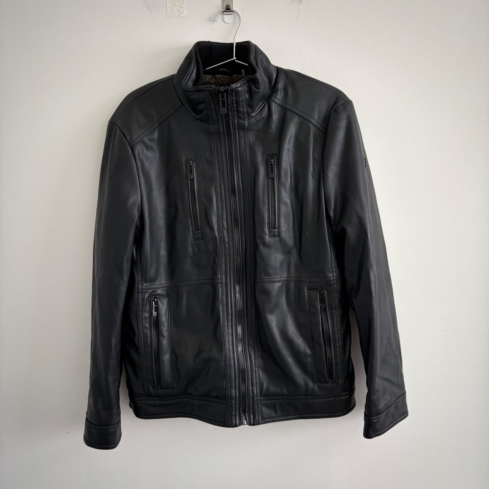 Calvin Klein Mens Faux Leather Sherpa Lined Moto Jacket Black Size M